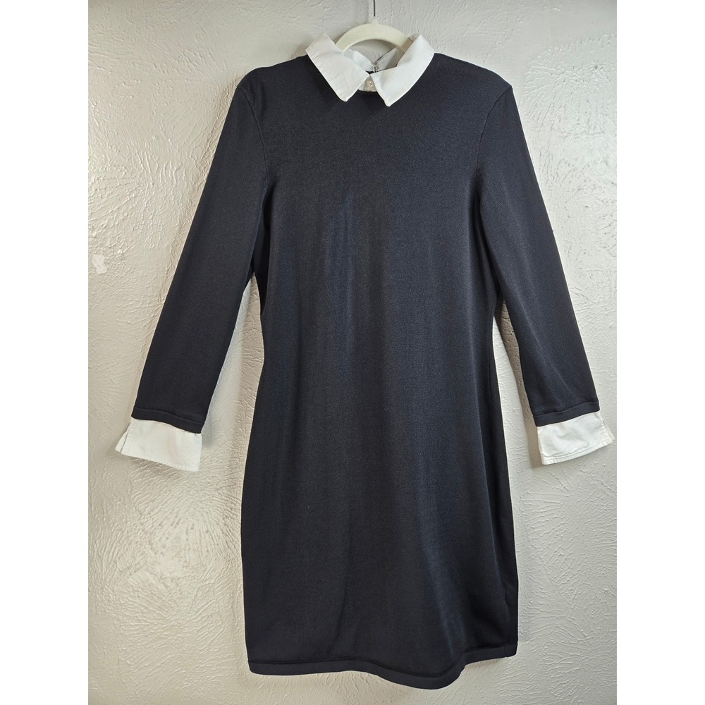 LRL Ralph Lauren Sweater Dress Black White Collared Long Sleeve Preppy Academia